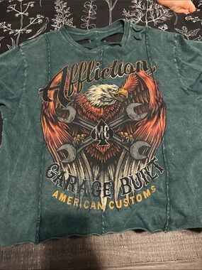 Affliction teal graphic tee with orange eagle artwork